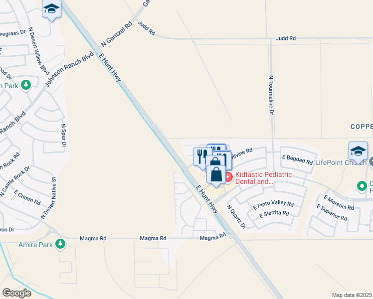 map of restaurants, bars, coffee shops, grocery stores, and more near 2256 East San Manuel Road in Queen Creek