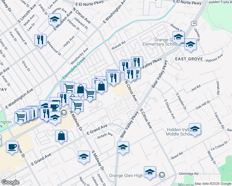 map of restaurants, bars, coffee shops, grocery stores, and more near 2335 East Valley Parkway in Escondido