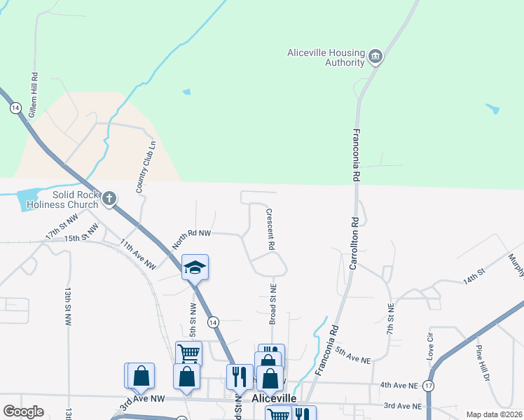 map of restaurants, bars, coffee shops, grocery stores, and more near 201-2231 Crescent Road in Aliceville