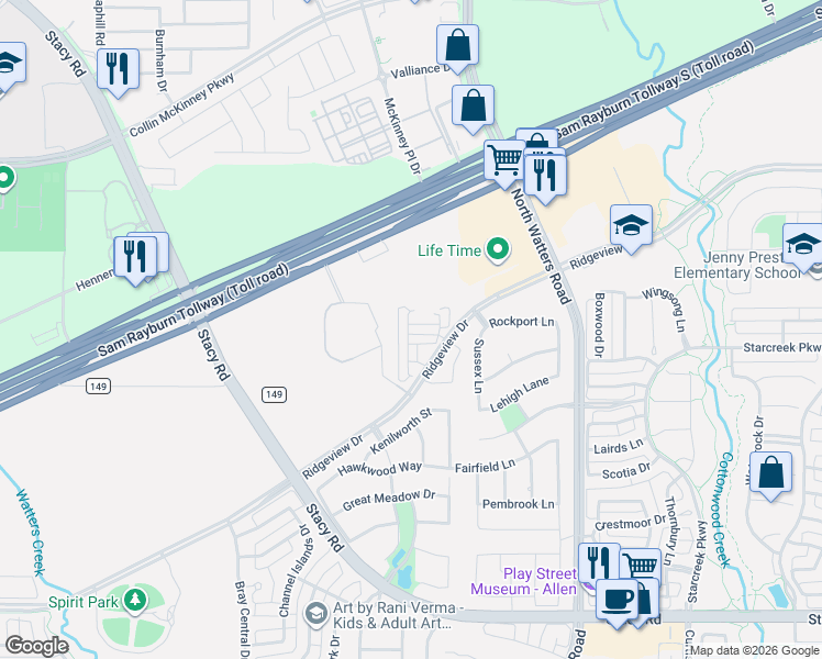 map of restaurants, bars, coffee shops, grocery stores, and more near 2291 Ridgeview Drive in Allen
