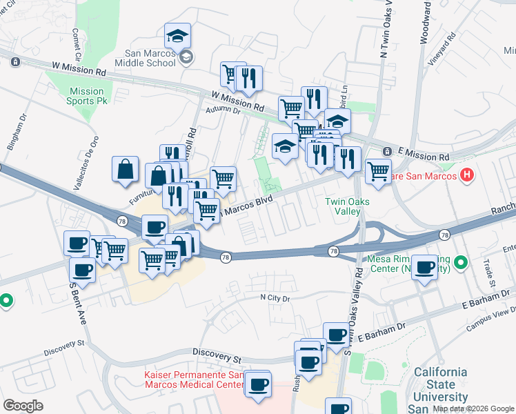 map of restaurants, bars, coffee shops, grocery stores, and more near in San Marcos