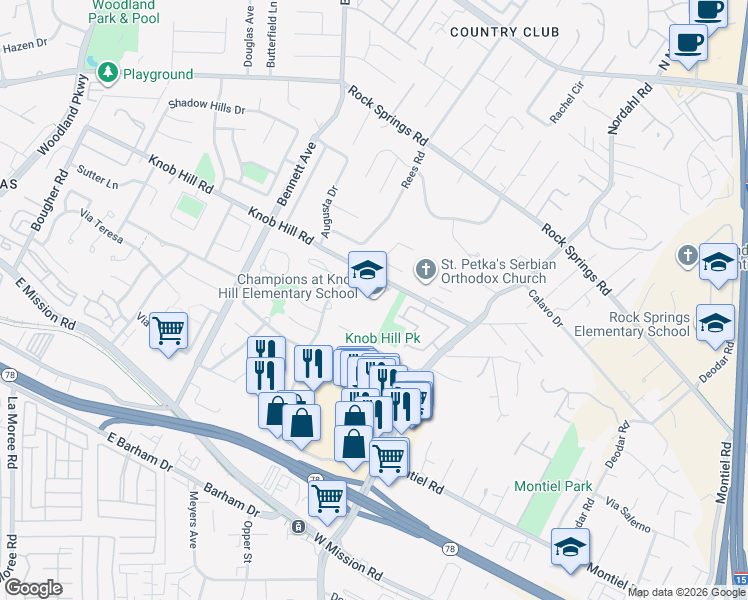 map of restaurants, bars, coffee shops, grocery stores, and more near 1825 Knob Hill Road in San Marcos