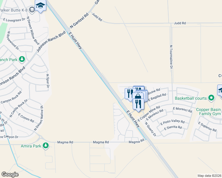 map of restaurants, bars, coffee shops, grocery stores, and more near 3991 East Hunt Highway in San Tan Valley