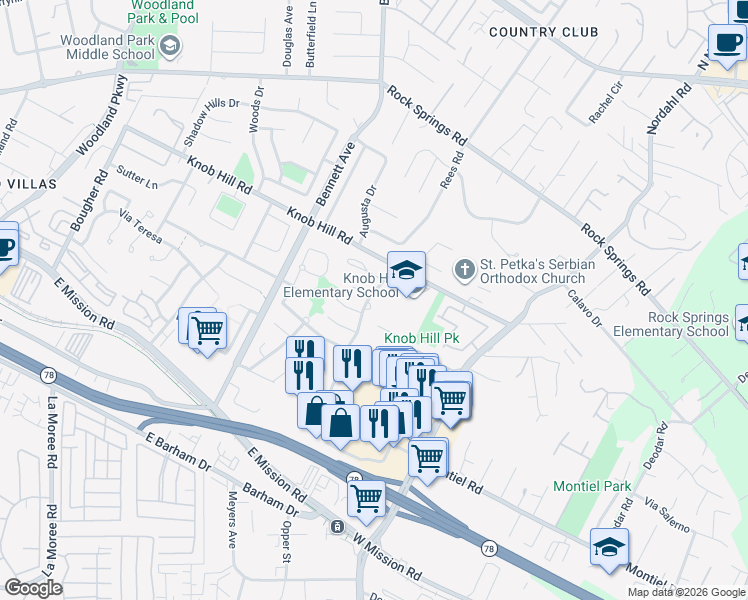 map of restaurants, bars, coffee shops, grocery stores, and more near 1669 Palomar Drive in San Marcos
