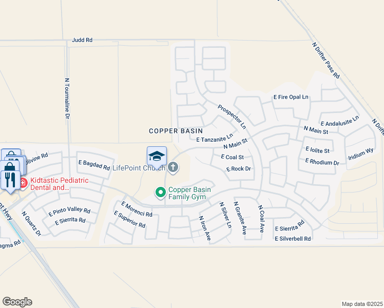 map of restaurants, bars, coffee shops, grocery stores, and more near 28640 North Dolomite Lane in Queen Creek