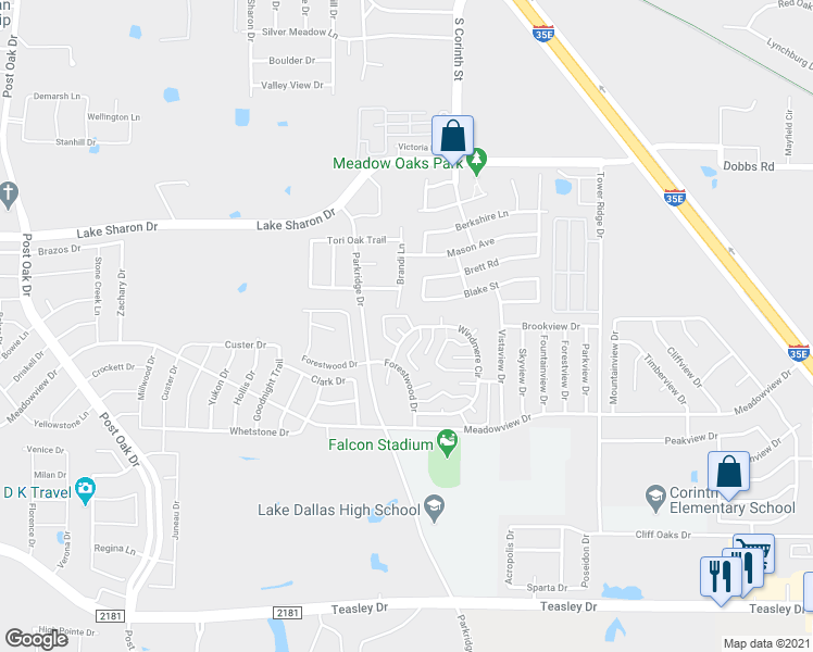 map of restaurants, bars, coffee shops, grocery stores, and more near 301 Windmere Circle in Denton