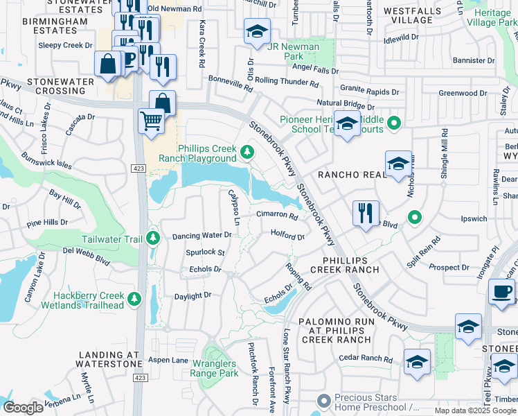 map of restaurants, bars, coffee shops, grocery stores, and more near 942 Cimarron Road in Frisco