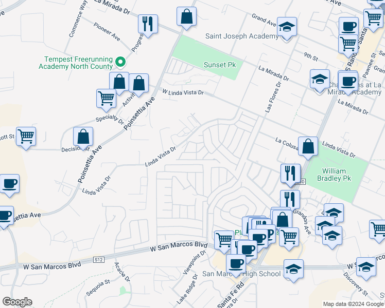 map of restaurants, bars, coffee shops, grocery stores, and more near 3535 Linda Vista Drive in San Marcos