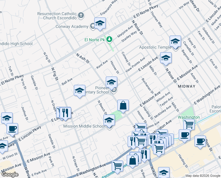 map of restaurants, bars, coffee shops, grocery stores, and more near 1019 North Ash Street in Escondido