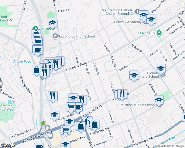 map of restaurants, bars, coffee shops, grocery stores, and more near 1221 Gamble Street in Escondido