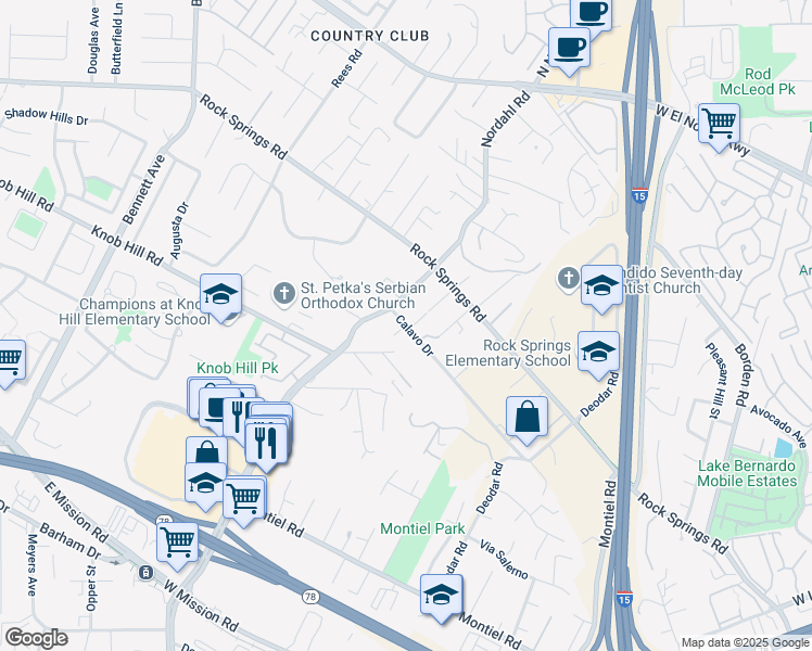 map of restaurants, bars, coffee shops, grocery stores, and more near 1514 Calavo Drive in Escondido