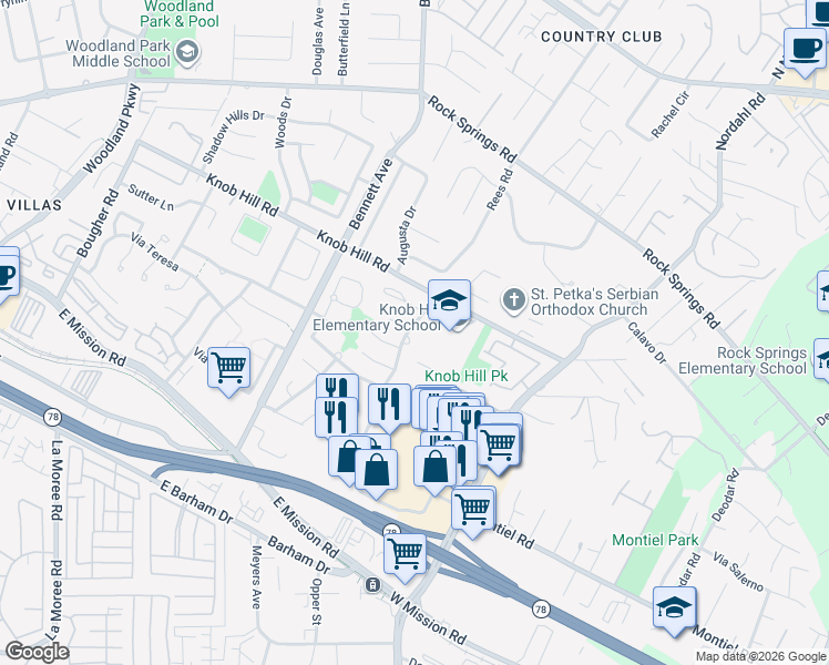 map of restaurants, bars, coffee shops, grocery stores, and more near 1669 Palomar Drive in San Marcos