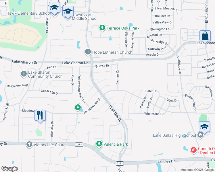 map of restaurants, bars, coffee shops, grocery stores, and more near 2106 Driskell Drive in Corinth