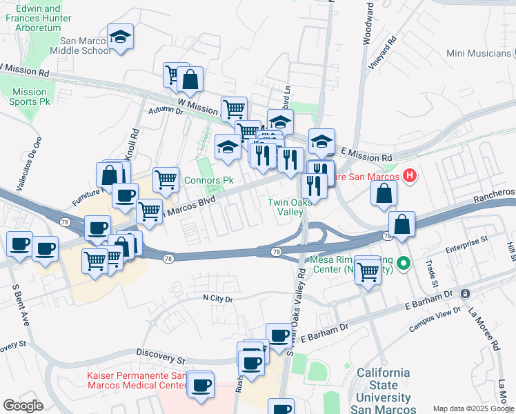 map of restaurants, bars, coffee shops, grocery stores, and more near 251 West San Marcos Boulevard in San Marcos