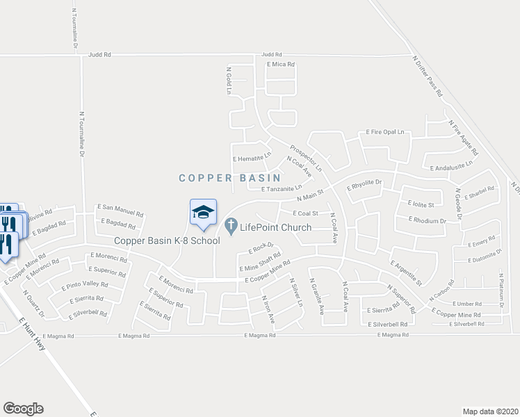 map of restaurants, bars, coffee shops, grocery stores, and more near 28645 North Dolomite Lane in Queen Creek
