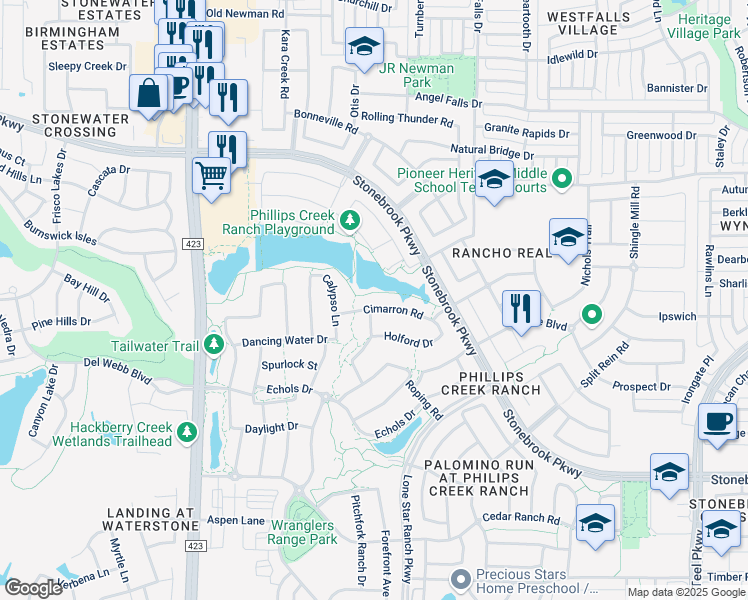map of restaurants, bars, coffee shops, grocery stores, and more near 942 Cimarron Road in Frisco