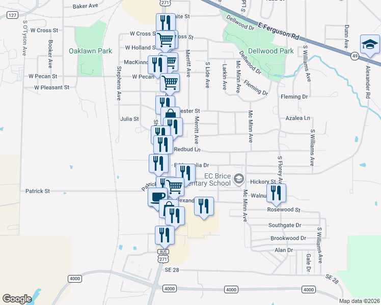 map of restaurants, bars, coffee shops, grocery stores, and more near 108 Redbud Lane in Mount Pleasant