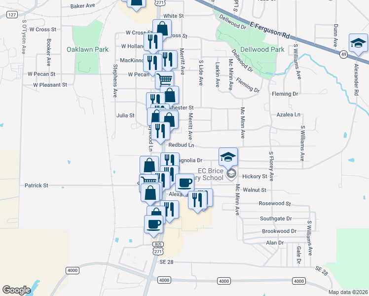 map of restaurants, bars, coffee shops, grocery stores, and more near 108 Redbud Lane in Mount Pleasant