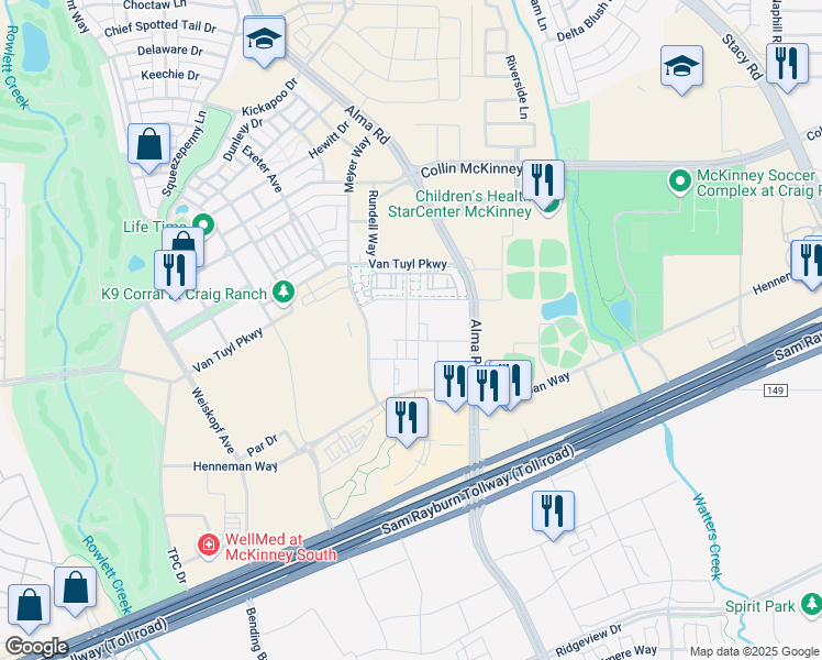 map of restaurants, bars, coffee shops, grocery stores, and more near 8200 Texas 121 in McKinney