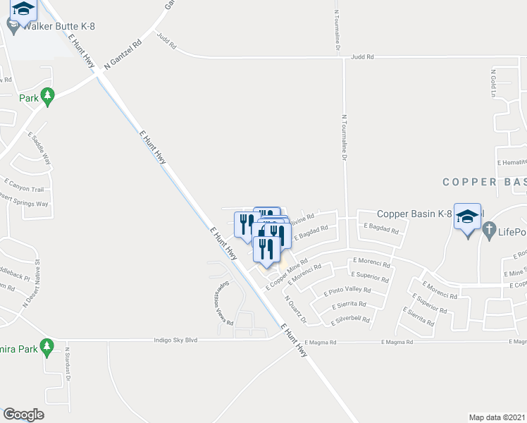 map of restaurants, bars, coffee shops, grocery stores, and more near 2505 East San Manuel Road in San Tan Valley