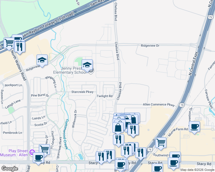 map of restaurants, bars, coffee shops, grocery stores, and more near 843 Veneto Drive in Allen