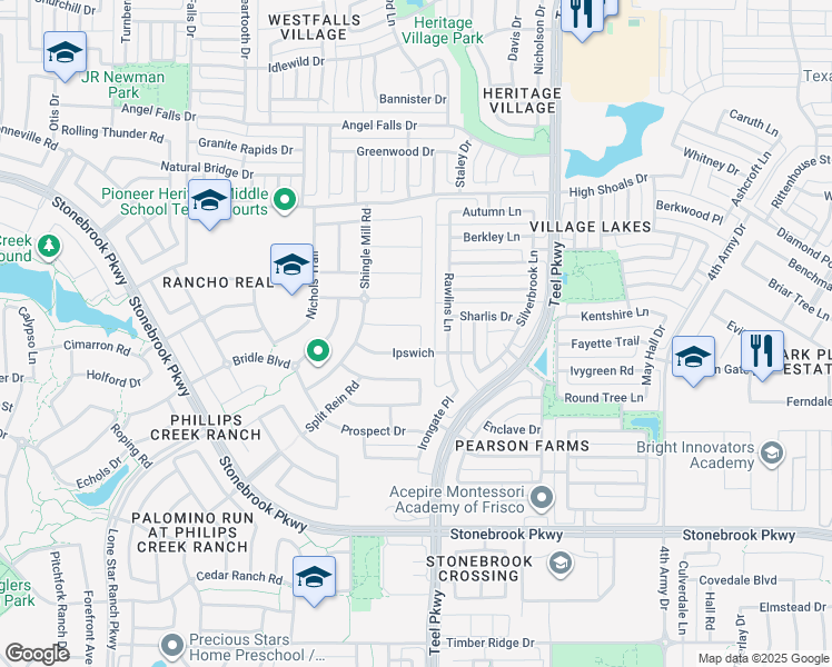 map of restaurants, bars, coffee shops, grocery stores, and more near 2257 Lead Plumb Drive in Frisco
