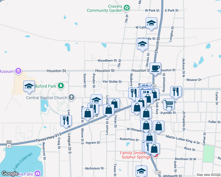 map of restaurants, bars, coffee shops, grocery stores, and more near 438 Atkins Street in Sulphur Springs