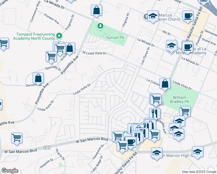 map of restaurants, bars, coffee shops, grocery stores, and more near 3535 Linda Vista Drive in San Marcos