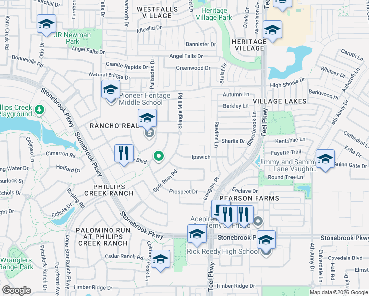 map of restaurants, bars, coffee shops, grocery stores, and more near 2113 Lead Plumb Drive in Frisco