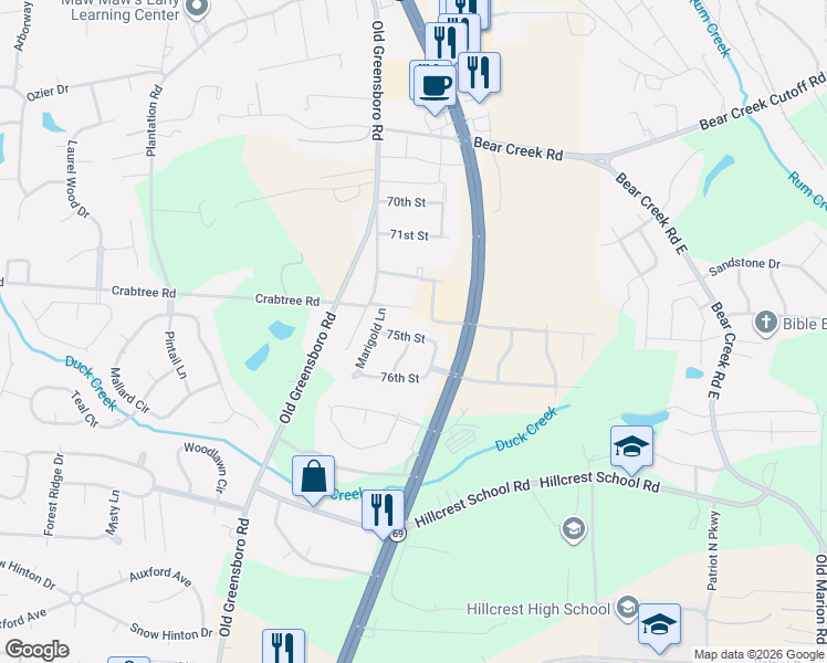 map of restaurants, bars, coffee shops, grocery stores, and more near 636 75th Street in Tuscaloosa