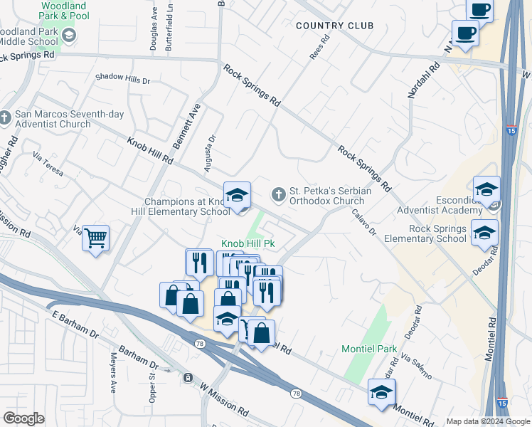 map of restaurants, bars, coffee shops, grocery stores, and more near 1837 Knob Hill Road in San Marcos