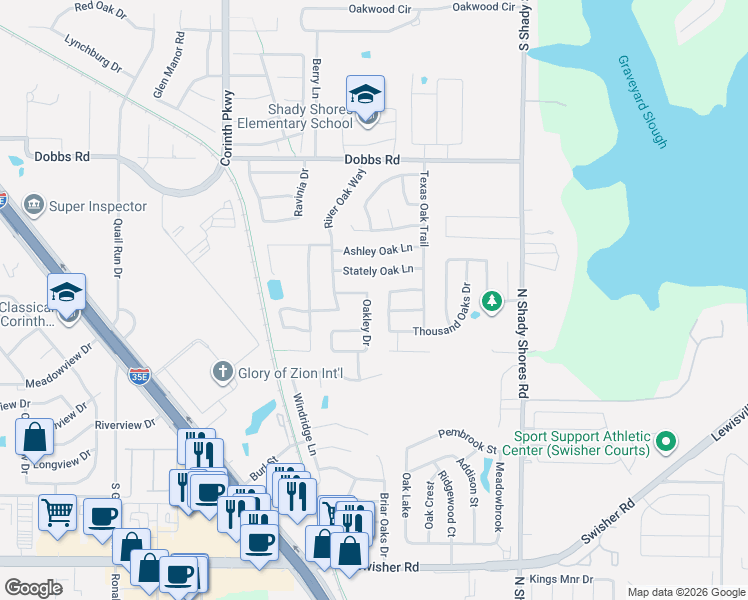 map of restaurants, bars, coffee shops, grocery stores, and more near 703 Oakley Dr in Lake Dallas