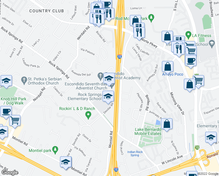 map of restaurants, bars, coffee shops, grocery stores, and more near 1301 Deodar Road in Escondido