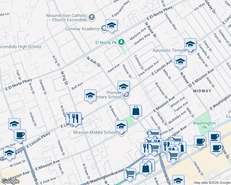 map of restaurants, bars, coffee shops, grocery stores, and more near 1019 North Ash Street in Escondido