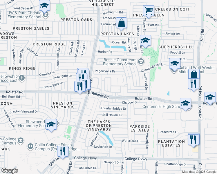 map of restaurants, bars, coffee shops, grocery stores, and more near 7381 Saddlehorn Drive in Frisco