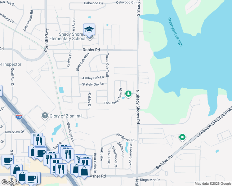 map of restaurants, bars, coffee shops, grocery stores, and more near 736 Winding Oak Bend in Lake Dallas
