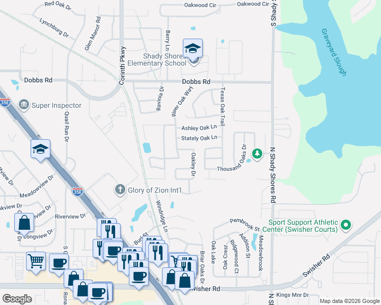map of restaurants, bars, coffee shops, grocery stores, and more near 703 Oakley Drive in Lake Dallas