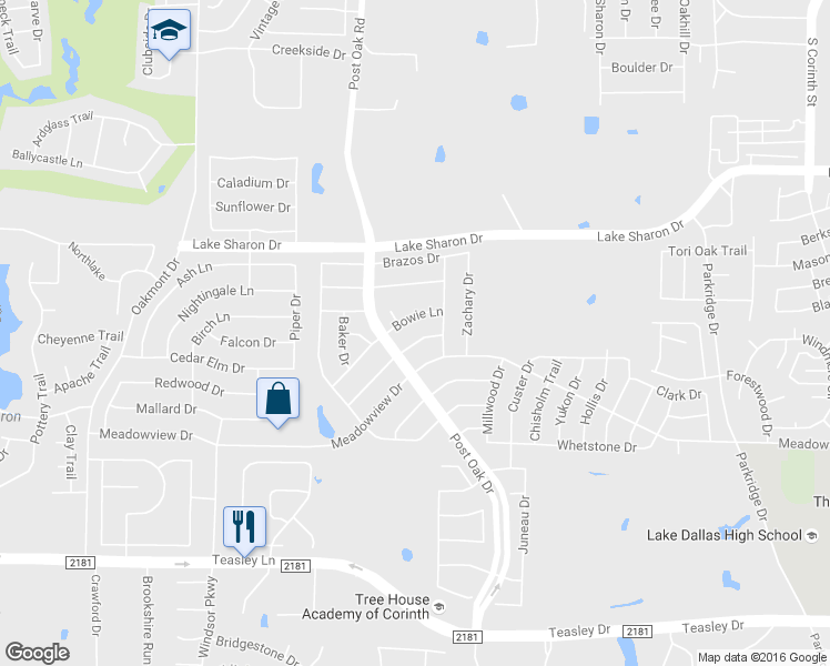 map of restaurants, bars, coffee shops, grocery stores, and more near 2106 Driskell Drive in Corinth