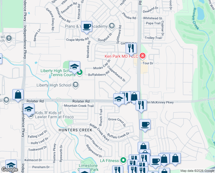 map of restaurants, bars, coffee shops, grocery stores, and more near 15883 Terenwood Street in Frisco