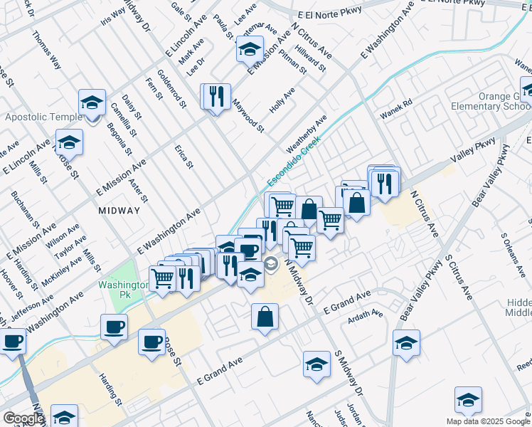 map of restaurants, bars, coffee shops, grocery stores, and more near 484 North Midway Drive in Escondido