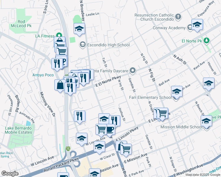 map of restaurants, bars, coffee shops, grocery stores, and more near 1253 Joshua Street in Escondido