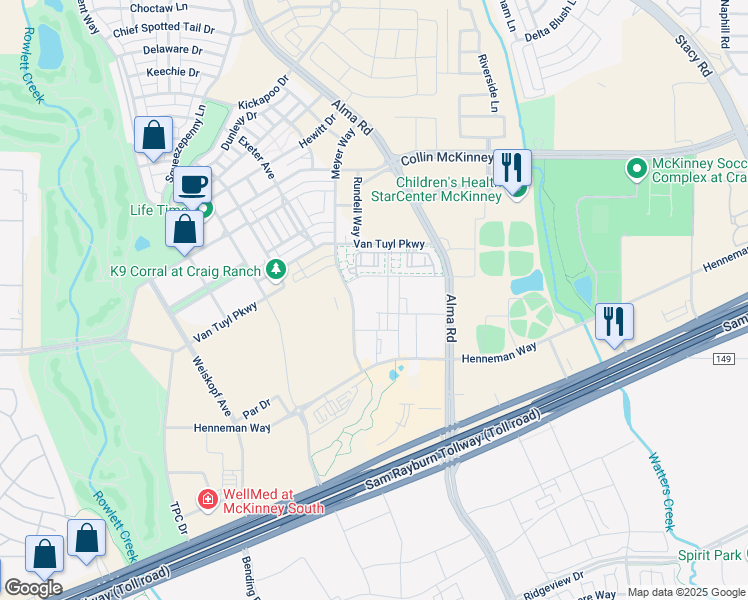 map of restaurants, bars, coffee shops, grocery stores, and more near 8200 SH 121 in McKinney