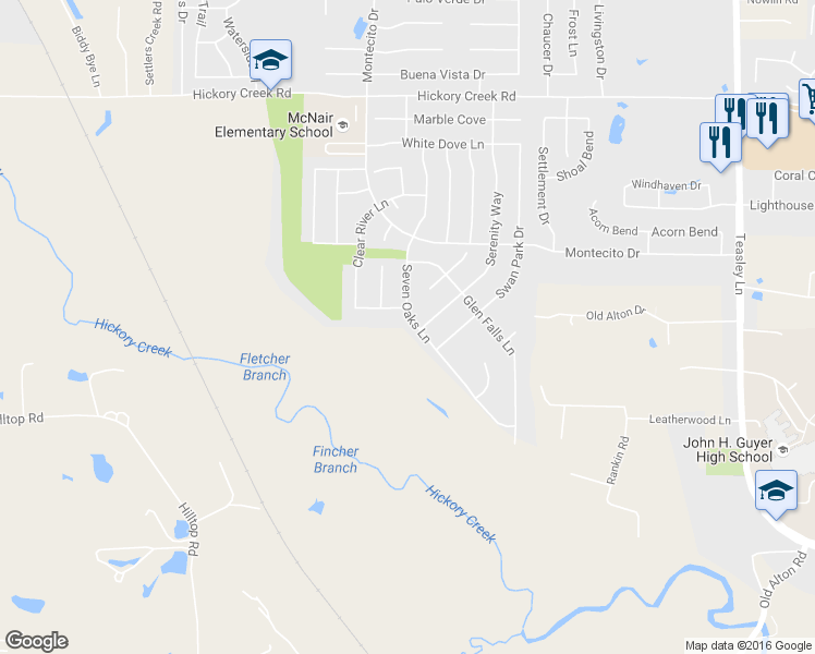 map of restaurants, bars, coffee shops, grocery stores, and more near 1300 Rambling Brook Trail in Denton