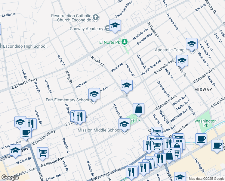 map of restaurants, bars, coffee shops, grocery stores, and more near 1033 North Ash Street in Escondido