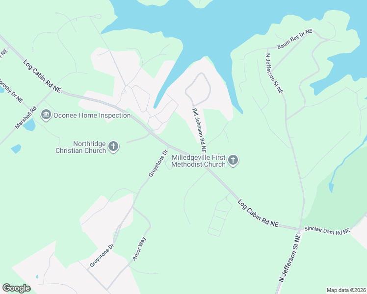map of restaurants, bars, coffee shops, grocery stores, and more near 354 Log Cabin Road Northeast in Milledgeville
