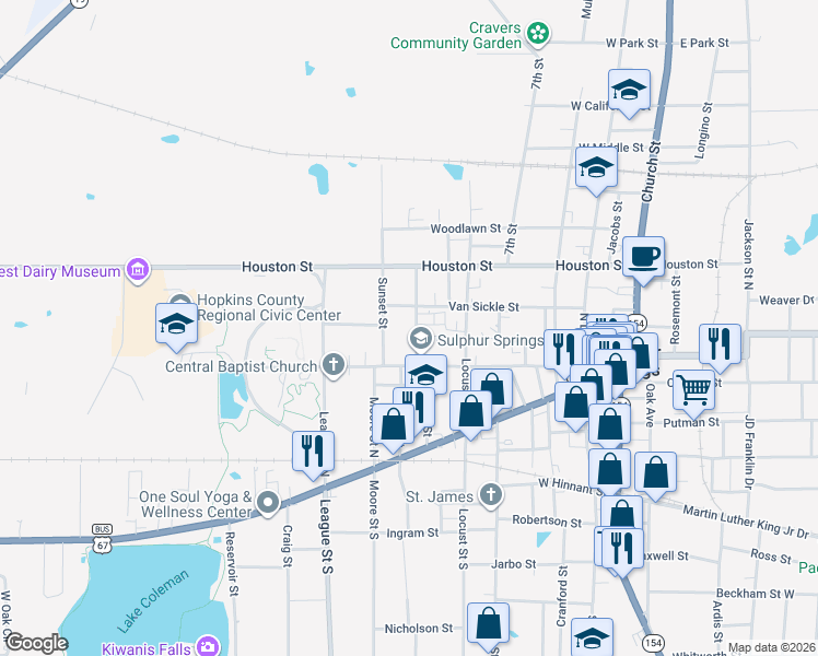 map of restaurants, bars, coffee shops, grocery stores, and more near 220 Ponder Street in Sulphur Springs