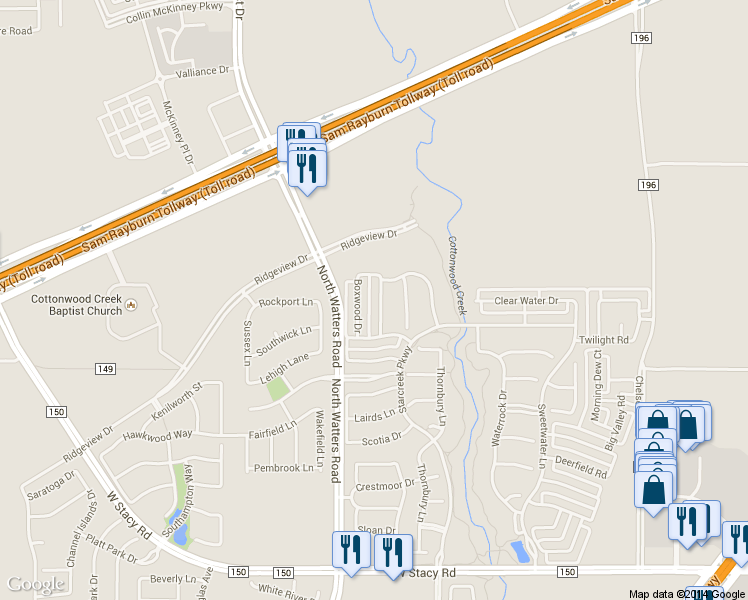 map of restaurants, bars, coffee shops, grocery stores, and more near 2353 Hedgewood Lane in Allen