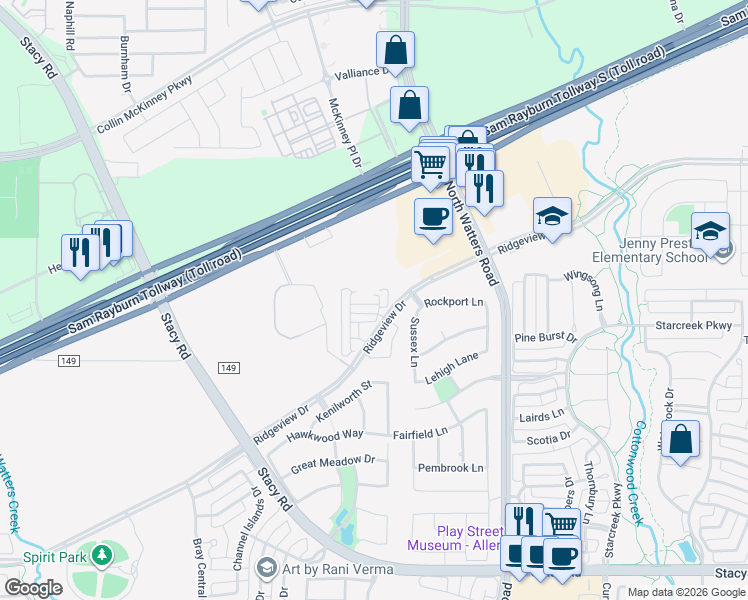 map of restaurants, bars, coffee shops, grocery stores, and more near 2291 Ridgeview Drive in Allen