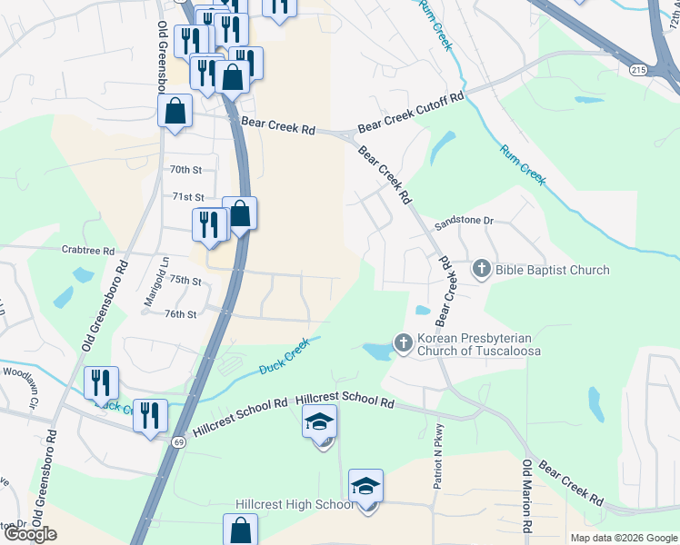 map of restaurants, bars, coffee shops, grocery stores, and more near 214 Countrywood Drive in Tuscaloosa