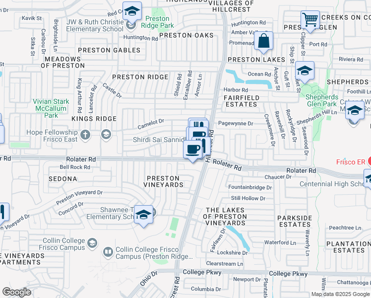 map of restaurants, bars, coffee shops, grocery stores, and more near 10700 Rolater Road in Frisco